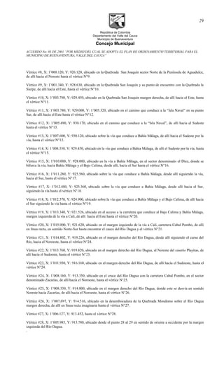 República de Colombia
Departamento del Valle del Cauca
Municipio de Buenaventura
Concejo Municipal
ACUERDO No. 03 DE 2001 “POR MEDIO DEL CUAL SE ADOPTA EL PLAN DE ORDENAMIENTO TERRITORIAL PARA EL
MUNICIPIO DE BUENAVENTURA, VALLE DEL CAUCA”
Vértice #8, X: 1’000.120, Y: 926.120, ubicado en la Quebrada San Joaquín sector Norte de la Península de Aguadulce,
de allí hacia el Noreste hasta el vértice N°9.
Vértice #9, X: 1’001.340, Y: 928.630, ubicado en la Quebrada San Joaquín y su punto de encuentro con la Quebrada la
Sierpe, de allí hacía el Este, hasta el vértice N°10.
Vértice #10, X: 1’003.780, Y: 929.450, ubicado en la Quebrada San Joaquín margen derecha, de allí hacía el Este, hasta
el vértice N°11.
Vértice #11, X: 1’003.780, Y: 929.000, Y: 1’005.320, ubicado en el camino que conduce a la “Isla Naval” en su punto
Sur, de allí hacia el Este hasta el vértice N°12.
Vértice #12, X: 1’005.490, Y: 930.170, ubicado en el camino que conduce a la “Isla Naval”, de allí hacia el Sudeste
hasta el vértice N°13.
Vértice #13, X: 1’007.600, Y: 930.120, ubicado sobre la vía que conduce a Bahía Málaga, de allí hacia el Sudeste por la
vía, hasta el vértice N°13.
Vértice #14, X: 1’008.350, Y: 929.450, ubicado en la vía que conduce a Bahía Málaga, de allí el Sudeste por la vía, hasta
el vértice N°15.
Vértice #15, X: 1’010.000, Y: 928.000, ubicado en la vía a Bahía Málaga, en el sector denominado el Díez, donde se
bifurca la vía, hacía Bahía Málaga y el Bajo Calima, desde allí, hacía el Sur hasta el vértice N°16.
Vértice #16, X: 1’011.280, Y: 925.560, ubicado sobre la vía que conduce a Bahía Málaga, desde allí siguiendo la vía,
hacia el Sur, hasta el vértice N°17.
Vértice #17, X: 1’012.480, Y: 925.360, ubicado sobre la vía que conduce a Bahía Málaga, desde allí hacia el Sur,
siguiendo la vía hasta el vértice N°18.
Vértice #18, X: 1’012.370, Y: 924.900, ubicado sobre la vía que conduce a Bahía Málaga y el Bajo Calima, de allí hacia
el Sur siguiendo la vía hasta el vértice N°19.
Vértice #19, X: 1’013.340, Y: 921.526, ubicado en el acceso a la carretera que conduce al Bajo Calima y Bahía Málaga,
margen izquierda de la vía a Cali, de allí hacia el Este hasta el vértice N°20.
Vértice #20, X: 1’015.000, Y: 921.620, ubicado en el margen izquierdo de la vía a Cali, carretera Cabal Pombo, de allí
en línea recta, en sentido Norte-Sur hasta encontrar el cauce del Río Dagua y el vértice N°21.
Vértice #21, X: 1’014.802, Y: 919.226, ubicado en el margen derecho del Río Dagua, desde allí siguiendo el curso del
Río, hacia el Noroeste, hasta el vértice N°24.
Vértice #22, X: 1’013.760, Y: 919.820, ubicado en el margen derecho del Río Dagua, al Noreste del caserío Playitas, de
allí hacia el Sudoeste, hasta el vértice N°23.
Vértice #23, X: 1’011.930, Y: 916.160, ubicado en el margen derecho del Río Dagua, de allí hacia el Sudoeste, hasta el
vértice N°24.
Vértice #24, X: 1’008.160, Y: 913.350, ubicado en el cruce del Río Dagua con la carretera Cabal Pombo, en el sector
denominado Zacarías, de allí hacia el Noroeste, hasta el vértice N°25.
Vértice #25, X: 1’008.330, Y: 914.000, ubicado en el margen derecho del Río Dagua, donde este se desvía en sentido
Noreste hacía Zacarías, de allí hacia el Noroeste, hasta el vértice N°26.
Vértice #26, X: 1’007.697, Y: 914.516, ubicado en la desembocadura de la Quebrada Mondomo sobre el Río Dagua
margen derecha, de allí en línea recta imaginaria hasta el vértice N°27.
Vértice #27, X: 1’006.127, Y: 913.452, hasta el vértice N°28.
Vértice #28, X: 1’005.985, Y: 913.780, ubicado desde el punto 28 al 29 en sentido de oriente a occidente por la margen
izquierda del Río Dagua.
.
29
 