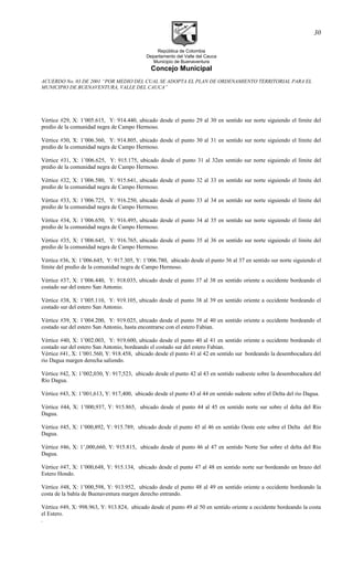 República de Colombia
Departamento del Valle del Cauca
Municipio de Buenaventura
Concejo Municipal
ACUERDO No. 03 DE 2001 “POR MEDIO DEL CUAL SE ADOPTA EL PLAN DE ORDENAMIENTO TERRITORIAL PARA EL
MUNICIPIO DE BUENAVENTURA, VALLE DEL CAUCA”
Vértice #29, X: 1’005.615, Y: 914.440, ubicado desde el punto 29 al 30 en sentido sur norte siguiendo el límite del
predio de la comunidad negra de Campo Hermoso.
Vértice #30, X: 1’006.360, Y: 914.805, ubicado desde el punto 30 al 31 en sentido sur norte siguiendo el límite del
predio de la comunidad negra de Campo Hermoso.
Vértice #31, X: 1’006.625, Y: 915.175, ubicado desde el punto 31 al 32en sentido sur norte siguiendo el límite del
predio de la comunidad negra de Campo Hermoso.
Vértice #32, X: 1’006.580, Y: 915.641, ubicado desde el punto 32 al 33 en sentido sur norte siguiendo el límite del
predio de la comunidad negra de Campo Hermoso.
Vértice #33, X: 1’006.725, Y: 916.250, ubicado desde el punto 33 al 34 en sentido sur norte siguiendo el límite del
predio de la comunidad negra de Campo Hermoso.
Vértice #34, X: 1’006.650, Y: 916.495, ubicado desde el punto 34 al 35 en sentido sur norte siguiendo el límite del
predio de la comunidad negra de Campo Hermoso.
Vértice #35, X: 1’006.645, Y: 916.765, ubicado desde el punto 35 al 36 en sentido sur norte siguiendo el límite del
predio de la comunidad negra de Campo Hermoso.
Vértice #36, X: 1’006.645, Y: 917.305, Y: 1’006.780, ubicado desde el punto 36 al 37 en sentido sur norte siguiendo el
límite del predio de la comunidad negra de Campo Hermoso.
Vértice #37, X: 1’006.440, Y: 918.035, ubicado desde el punto 37 al 38 en sentido oriente a occidente bordeando el
costado sur del estero San Antonio.
Vértice #38, X: 1’005.110, Y: 919.105, ubicado desde el punto 38 al 39 en sentido oriente a occidente bordeando el
costado sur del estero San Antonio.
Vértice #39, X: 1’004.200, Y: 919.025, ubicado desde el punto 39 al 40 en sentido oriente a occidente bordeando el
costado sur del estero San Antonio, hasta encontrarse con el estero Fabian.
Vértice #40, X: 1’002.003, Y: 919.600, ubicado desde el punto 40 al 41 en sentido oriente a occidente bordeando el
costado sur del estero San Antonio, bordeando el costado sur del estero Fabian.
Vértice #41, X: 1’001.560, Y: 918.458, ubicado desde el punto 41 al 42 en sentido sur bordeando la desembocadura del
rio Dagua margen derecha saliendo.
Vértice #42, X: 1’002,030, Y: 917,523, ubicado desde el punto 42 al 43 en sentido sudoeste sobre la desembocadura del
Río Dagua.
Vértice #43, X: 1’001,613, Y: 917,400, ubicado desde el punto 43 al 44 en sentido sudeste sobre el Delta del rio Dagua.
Vértice #44, X: 1’000,937, Y: 915.865, ubicado desde el punto 44 al 45 en sentido norte sur sobre el delta del Rio
Dagua.
Vértice #45, X: 1’000,892, Y: 915.789, ubicado desde el punto 45 al 46 en sentido Oeste este sobre el Delta del Río
Dagua.
Vértice #46, X: 1’,000,660, Y: 915.815, ubicado desde el punto 46 al 47 en sentido Norte Sur sobre el delta del Rio
Dagua.
Vértice #47, X: 1’000,648, Y: 915.134, ubicado desde el punto 47 al 48 en sentido norte sur bordeando un brazo del
Estero Hondo.
Vértice #48, X: 1’000,598, Y: 913.952, ubicado desde el punto 48 al 49 en sentido oriente a occidente bordeando la
costa de la bahía de Buenaventura margen derecho entrando.
Vértice #49, X: 998.963, Y: 913.824, ubicado desde el punto 49 al 50 en sentido oriente a occidente bordeando la costa
el Estero.
.
30
 