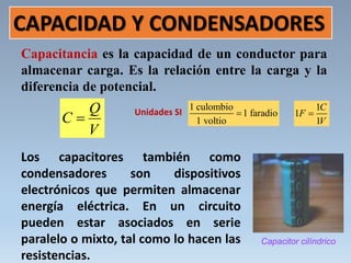 Capacitancia es la capacidad de un conductor para
almacenar carga. Es la relación entre la carga y la
diferencia de potencial.
CAPACIDAD Y CONDENSADORES
V
Q
C  Unidades SI
1 culombio
1 faradio
1 voltio

1
1
1
C
F
V

Los capacitores también como
condensadores son dispositivos
electrónicos que permiten almacenar
energía eléctrica. En un circuito
pueden estar asociados en serie
paralelo o mixto, tal como lo hacen las
resistencias.
Capacitor cilíndrico
 