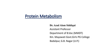 Protein Metabolism
Dr. Azad Alam Siddiqui
Assistant Professor
Department of B.Voc (MMDT)
Km. Mayawati Govt.Girls PG College
Badalpur, G.B. Nagar (U.P.)
 