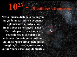 Nessa imensa distância da origem, as galáxias tornam-se pequenos aglomerados e, entre elas, imensidões de “espaços vazios”. Por toda parte é a mesma lei regendo todos os corpos do universo. Poderíamos continuar viajando “para cima” pela nossa imaginação, mas, agora, vamos voltar “para casa” rapidamente ... 10 23  -  10 milhões de anos-luz 