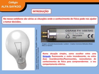 FÍSICA, 3° Ano do Ensino Médio
Potência Elétrica
INTRODUÇÃO
No nosso cotidiano são várias as situações onde o conhecimento de Física pode nos ajudar
a tomar decisões.
Numa situação simples, como escolher entre uma
lâmpada fluorescente e outra incandescente, ou entre
duas incandescentes/fluorescentes, necessitamos de
conhecimentos de física para compreendermos o seu
comportamento elétrico.
Imagem:Lâmpadaincandescente/Ming888/CreativeCommons
Attribution-ShareAlike3.0Unported.
Imagem: Lâmpada fluorecenscete / Leridant / Creative Commons Attribution-Share
Alike 2.5 Generic.
ALFA SAYKOO
Colégio
 