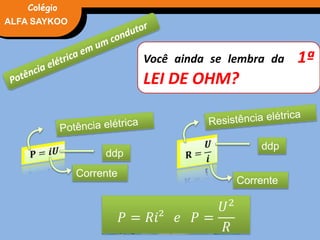 FÍSICA, 3° Ano do Ensino Médio
Potência ElétricaALFA SAYKOO
Colégio
Você ainda se lembra da 1ª
LEI DE OHM?
ddp
Corrente
ddp
Corrente
𝑃 = 𝑅𝑖² 𝑒 𝑃 =
𝑈2
𝑅
 