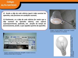 2) Sendo a ddp da rede elétrica igual à ddp nominal do
aparelho, este funciona em condições normais.
3) Finalmente, se a ddp da rede elétrica for maior que a
ddp nominal do aparelho elétrico, este sofrerá
superaquecimento, podendo, em função do tempo de
funcionamento, fundir, o que significa queima do aparelho.
FÍSICA, 3° Ano do Ensino Médio
Potência Elétrica
Imagem: Chuveiro Elétrico / Andrevruas / Creative
Commons Attribution 3.0 Unported.
Imagem: Lâmpada incandescente / Ming888 / Creative Commons
Attribution-Share Alike 3.0 Unported.
Imagem:Lâmpadaincandescente/Ming888/
CreativeCommonsAttribution-ShareAlike
3.0Unported.
ALFA SAYKOO
Colégio
 