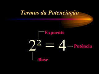Termos da Potenciação
2² = 4
Base
Expoente
Potência
 