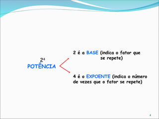 24
POTÊNCIA
2 é a BASE (indica o fator que
se repete)
4 é o EXPOENTE (indica o número
de vezes que o fator se repete)
4
 