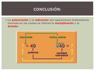  La potenciación y la radicación son operaciones matemáticas
inversas en las cuales se alterna la multiplicación y la
división:
CONCLUSIÓN:
 