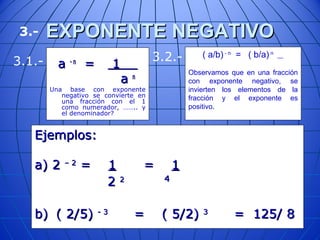 EXPONENTE NEGATIVOEXPONENTE NEGATIVO
aa - n- n
== 11
aa nn
Una base con exponente
negativo se convierte en
una fracción con el 1
como numerador, …….. y
el denominador?
Ejemplos:Ejemplos:
a) 2a) 2 – 2– 2
== 11 == 11
22 22 44
b)b) ( 2/5)( 2/5) - 3- 3
= ( 5/2)= ( 5/2) 33
= 125/ 8= 125/ 8
( a/b) - n
= ( b/a) n
Observamos que en una fracción
con exponente negativo, se
invierten los elementos de la
fracción y el exponente es
positivo.
3.-
3.1.- 3.2.-
 