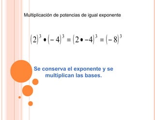 Multiplicación de potencias de igual exponente
( ) ( ) ( ) ( )3333
84242 −=−•=−•
Se conserva el exponente y se
multiplican las bases.
 