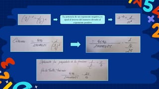 La potencia de un exponente negativo, es
igual al inverso del numero elevado al
exponente positivo
 