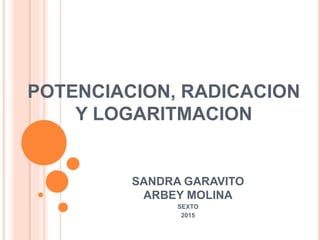 POTENCIACION, RADICACION
Y LOGARITMACION
SANDRA GARAVITO
ARBEY MOLINA
SEXTO
2015
 