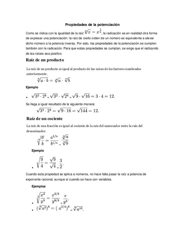 Potenciacion y radicacion y sus propiedades