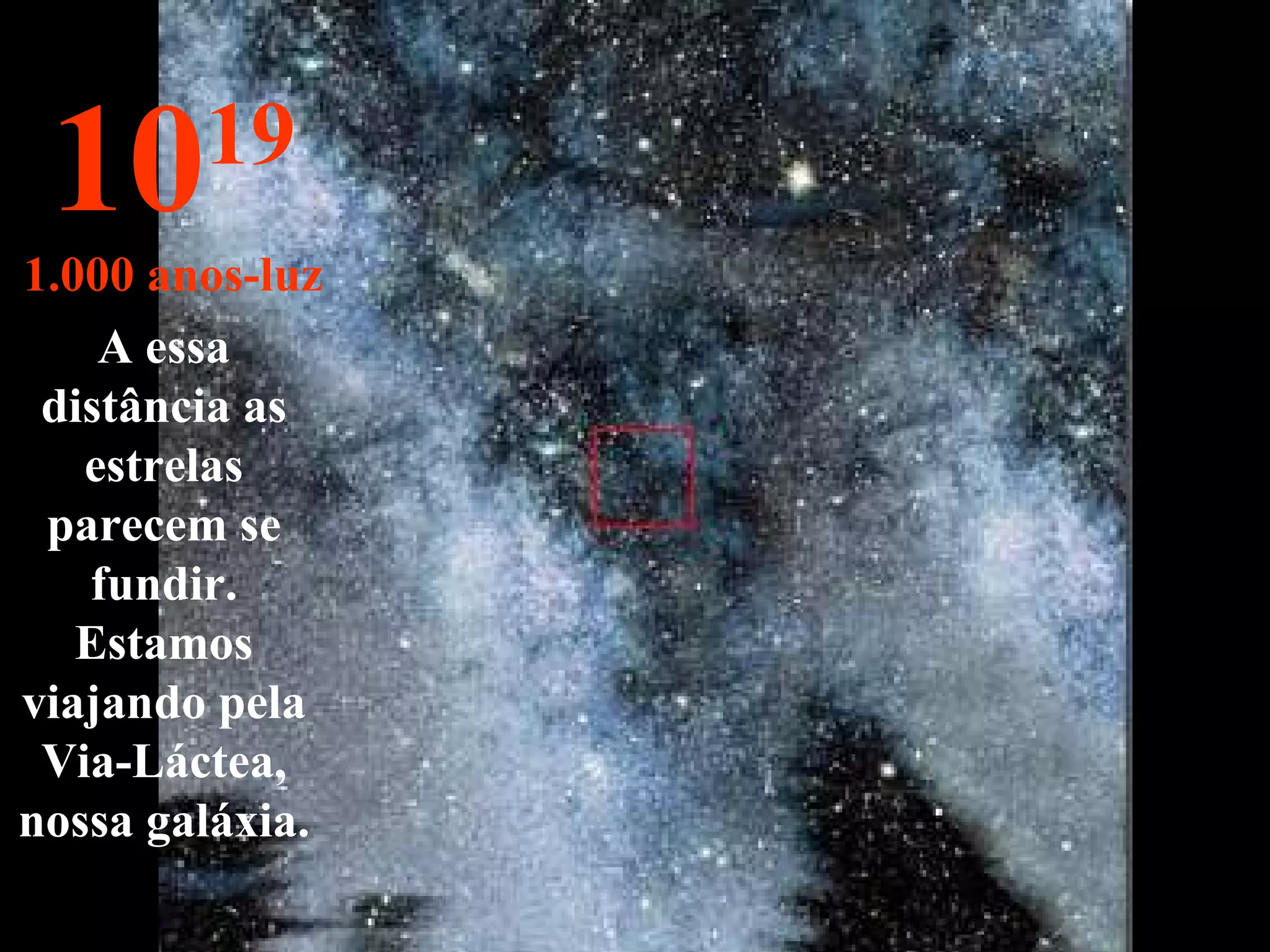 10 19 1.000 anos-luz A essa distância as estrelas parecem se fundir. Estamos viajando pela Via-Láctea, nossa galáxia. 