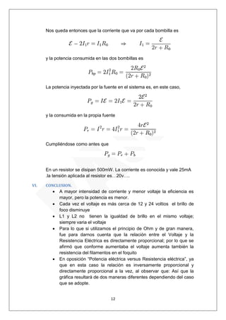 12 
Nos queda entonces que la corriente que va por cada bombilla es y la potencia consumida en las dos bombillas es La potencia inyectada por la fuente en el sistema es, en este caso, y la consumida en la propia fuente Cumpliéndose como antes que 
En un resistor se disipan 500mW. La corriente es conocida y vale 25mA .la tensión aplicada al resistor es…20v…. 
VI. CONCLUSION. 
 A mayor intensidad de corriente y menor voltaje la eficiencia es mayor, pero la potencia es menor. 
 Cada vez el voltaje es más cerca de 12 y 24 voltios el brillo de foco disminuye 
 L1 y L2 no tienen la igualdad de brillo en el mismo voltaje; siempre varia el voltaje 
 Para lo que si utilizamos el principio de Ohm y de gran manera, fue para darnos cuenta que la relación entre el Voltaje y la Resistencia Eléctrica es directamente proporcional; por lo que se afirmó que conforme aumentaba el voltaje aumenta también la resistencia del filamentos en el foquito 
 En oposición “Potencia eléctrica versus Resistencia eléctrica”, ya que en esta caso la relación es inversamente proporcional y directamente proporcional a la vez, al observar que: Así que la gráfica resultará de dos maneras diferentes dependiendo del caso que se adopte.  
