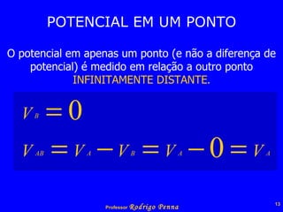 POTENCIAL EM UM PONTO O potencial em apenas um ponto (e não a diferença de potencial) é medido em relação a outro ponto  INFINITAMENTE DISTANTE . 