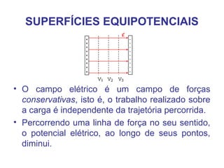 SUPERFÍCIES EQUIPOTENCIAIS
• O campo elétrico é um campo de forças
conservativas, isto é, o trabalho realizado sobre
a carga é independente da trajetória percorrida.
• Percorrendo uma linha de força no seu sentido,
o potencial elétrico, ao longo de seus pontos,
diminui.
 