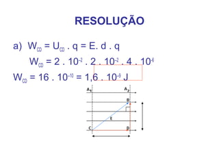 RESOLUÇÃO
a) WCD = UCD . q = E. d . q
WCD = 2 . 10–2
. 2 . 10–2
. 4 . 10-6
WCD = 16 . 10–10
= 1,6 . 10–9
J
 