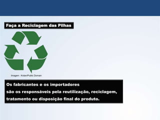 QUÍMICA, 3º Ano
Potencial das Pilhas
Faça a Reciclagem das Pilhas
Os fabricantes e os importadores
são os responsáveis pela reutilização, reciclagem,
tratamento ou disposição final do produto.
Imagem : Krdan/Public Domain
 
