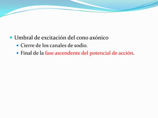  Umbral de excitación del cono axónico
 Cierre de los canales de sodio.
 Final de la fase ascendente del potencial de acción.
 