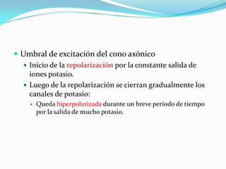  Umbral de excitación del cono axónico
 Inicio de la repolarización por la constante salida de
iones potasio.
 Luego de la repolarización se cierran gradualmente los
canales de potasio:
 Queda hiperpolarizada durante un breve período de tiempo
por la salida de mucho potasio.
 