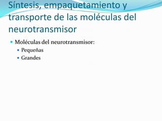 Síntesis, empaquetamiento y
transporte de las moléculas del
neurotransmisor
 Moléculas del neurotransmisor:
 Pequeñas
 Grandes
 