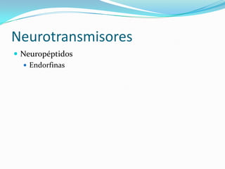 Neurotransmisores
 Neuropéptidos
 Endorfinas
 