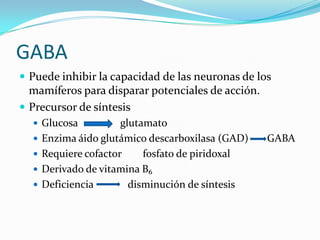 GABA
 Puede inhibir la capacidad de las neuronas de los
mamíferos para disparar potenciales de acción.
 Precursor de síntesis
 Glucosa glutamato
 Enzima áido glutámico descarboxilasa (GAD) GABA
 Requiere cofactor fosfato de piridoxal
 Derivado de vitamina B₆
 Deficiencia disminución de síntesis
 