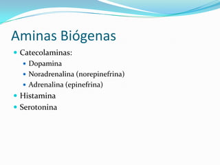 Aminas Biógenas
 Catecolaminas:
 Dopamina
 Noradrenalina (norepinefrina)
 Adrenalina (epinefrina)
 Histamina
 Serotonina
 