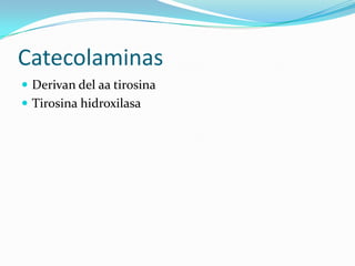 Catecolaminas
 Derivan del aa tirosina
 Tirosina hidroxilasa
 