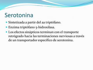 Serotonina
 Sintetizada a partir del aa triptófano.
 Enzima triptófano 5-hidroxilasa.
 Los efectos sinápticos terminan con el transporte
retrógrado hacia las terminaciones nerviosas a través
de un transportador específico de serotonina.
 