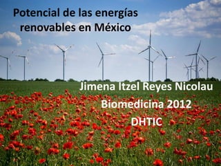 Potencial de las energías
renovables en México
Jimena Itzel Reyes Nicolau
Biomedicina 2012
DHTIC
 