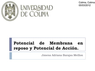 Colima, Colima
                                     05/03/2012




Potencial de Membrana en
reposo y Potencial de Acción.
           Jimena Adriana Barajas Meillon
 