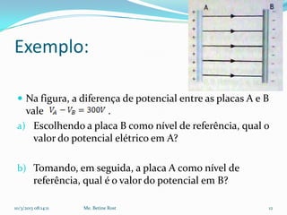 Exemplo:

  Na figura, a diferença de potencial entre as placas A e B
   vale               .
 a) Escolhendo a placa B como nível de referência, qual o
     valor do potencial elétrico em A?

 b) Tomando, em seguida, a placa A como nível de
         referência, qual é o valor do potencial em B?

10/3/2013 08:14:11   Me. Betine Rost                       12
 