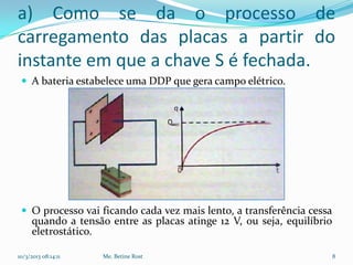 a) Como se da o processo de
carregamento das placas a partir do
instante em que a chave S é fechada.
  A bateria estabelece uma DDP que gera campo elétrico.




  O processo vai ficando cada vez mais lento, a transferência cessa
     quando a tensão entre as placas atinge 12 V, ou seja, equilíbrio
     eletrostático.

10/3/2013 08:14:11   Me. Betine Rost                                    8
 