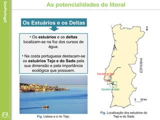 As potencialidades do litoral
Fig. Localização dos estuários do
Tejo e do SadoFig. Lisboa e o rio Tejo.
Os Estuários e os Deltas
• Os estuários e os deltas
localizam-se na foz dos cursos de
água.
• Na costa portuguesa destacam-se
os estuários Tejo e do Sado pela
sua dimensão e pela importância
ecológica que possuem.
 