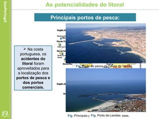 As potencialidades do litoral
Fig. Principais portos de pesca portugueses.
Principais portos de pesca:
 Na costa
portuguesa, os
acidentes do
litoral foram
aproveitados para
a localização dos
portos de pesca e
dos portos
comerciais.
Fig. Porto de pesca da Póvoa de Varzim
Fig. Porto de Leixões
 