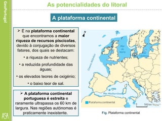 As potencialidades do litoral
Fig. Plataforma continental
A plataforma continental
 A plataforma continental
portuguesa é estreita e
raramente ultrapassa os 60 km de
largura. Nas regiões autónomas é
praticamente inexistente.
 É na plataforma continental
que encontramos a maior
riqueza de recursos piscícolas,
devido à conjugação de diversos
fatores, dos quais se destacam:
• a riqueza de nutrientes;
• a reduzida profundidade das
águas;
• os elevados teores de oxigénio;
• o baixo teor de sal.
 
