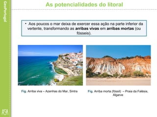 As potencialidades do litoral
Fig. Arriba viva – Azenhas do Mar, Sintra Fig. Arriba morta (fóssil) – Praia da Falésia,
Algarve
• Aos poucos o mar deixa de exercer essa ação na parte inferior da
vertente, transformando as arribas vivas em arribas mortas (ou
fósseis).
 