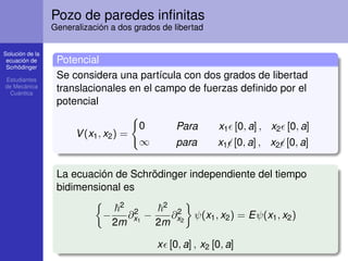 Solución de la
ecuación de
Scrhödinger
Estudiantes
de Mecánica
Cuántica
Pozo de paredes inﬁnitas
Generalización a dos grados de libertad
Potencial
Se considera una partícula con dos grados de libertad
translacionales en el campo de fuerzas deﬁnido por el
potencial
V(x1, x2) =
0 Para x1 [0, a] , x2 [0, a]
∞ para x1¡ [0, a] , x2¡ [0, a]
La ecuación de Schrödinger independiente del tiempo
bidimensional es
−
2
2m
∂2
x1
−
2
2m
∂2
x2
ψ(x1, x2) = Eψ(x1, x2)
x [0, a] , x2 [0, a]
 