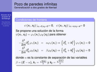 Solución de la
ecuación de
Scrhödinger
Estudiantes
de Mecánica
Cuántica
Pozo de paredes inﬁnitas
Generalización a dos grados de libertad
Condiciones de frontera
ψ (x1, x2) |x1=0,x2=0= 0, ψ (x1, x2) |x1=a,x2=a= 0
Se propone una solución de la forma
ψ(x1, x2) = ϕ1 (x1) ϕ2 (x2) para obtener
−
2
2m
∂2
x1
ϕ1 (x1) = αϕ1 (x1) ⇒ ∂2
x1
+ k2
1 ϕ1 (x1) = 0
−
2
2m
∂2
x2
ϕ2 (x2) = βϕ2 (x2) ⇒ ∂2
x2
+ k2
2 ϕ2 (x2) = 0
donde α es la constante de separación de las variables
β = (E − α), k1 =
√
2mα
y k2 =
√
2mβ
 