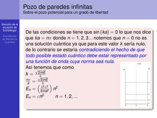 Solución de la
ecuación de
Scrhödinger
Estudiantes
de Mecánica
Cuántica
Pozo de paredes inﬁnitas
Sobre el pozo potencial para un grado de libertad
De las condiciones se tiene que sin (ka) = 0 lo que nos dice
que ka = nπ donde n = 1, 2, 3... notemos que n = 0 no es
una solución cuántica ya que para este valor k sería nulo,
de lo contrario se estaría contradiciendo el hecho de que
todo posible estado cuántico debe estar representado por
una función de onda cuya norma sea nula.
Así tenemos que como
k =
√
2mE
nπ
a =
√
2mE
En =
2π2
2ma2 n2
En = εn2 n = 1, 2, ...
 