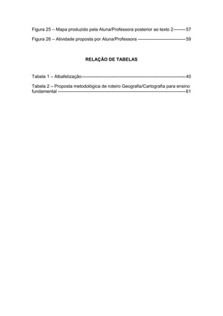 Figura 25 – Mapa produzido pela Aluna/Professora posterior ao texto 2 -------- 57

Figura 26 – Atividade proposta por Aluna/Professora -------------------------------- 59



                                 RELAÇÃO DE TABELAS


Tabela 1 – Albafetização ---------------------------------------------------------------------- 40

Tabela 2 – Proposta metodológica de roteiro Geografia/Cartografia para ensino
fundamental -------------------------------------------------------------------------------------- 61
 