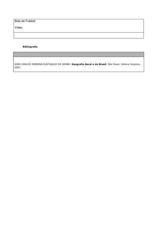 Bola de Futebol

Vídeo




        Bibliografia




JOÃO CARLOS MOREIRA.EUSTAQUIO DE SENNE. Geografia Geral e do Brasil. São Paulo: Editora Scipione ,
2007.
 