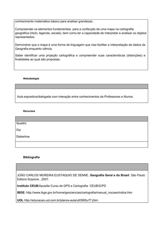 conhecimento matemático básico para analisar grandezas .

Compreender os elementos fundamentais para a confecção de uma mapa na cartografia
geográfica (título, legenda, escala), bem como ter a capacidade de interpretar e analisar os objetos
representados.

Demonstrar que o mapa é uma forma de linguagem que visa facilitar a interpretação de dados da
Geografia enquanto ciência.

Saber identificar uma projeção cartográfica e compreender suas características (distorções) e
finalidades ao qual são propostas.




      Metodologia




 Aula expositiva/dialogada com interação entre conhecimentos de Professores e Alunos.



      Recursos




Quadro

Giz

Datashow




      Bibliografia




 JOÃO CARLOS MOREIRA.EUSTAQUIO DE SENNE. Geografia Geral e do Brasil. São Paulo:
 Editora Scipione , 2007.

 Instituto CEUB/Apostila Curso de GPS e Cartografia CEUBICPD

 IBGE: http://www.ibge.gov.br/home/geociencias/cartografia/manual_nocoes/indice.htm

 UOL http://educacao.uol.com.br/planos-aula/ult3900u77.jhtm
 