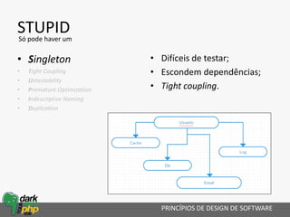 STUPID
• Singleton
• Tight Coupling
• Untestability
• Premature Optimization
• Indescriptive Naming
• Duplication
• Difíceis de testar;
• Escondem dependências;
• Tight coupling.
PRINCÍPIOS DE DESIGN DE SOFTWARE
Só pode haver um
 