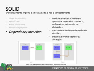 SOLID
• Single Responsibility
• Open/Closed
• Liskov Substitution
• Interface Segregation
• Dependency Inversion
PRINCÍPIOS DE DESIGN DE SOFTWARE
O que realmente importa é a necessidade, e não o comportamento
• Módulos de níveis não devem
apresentar dependência entre si,
ambos devem depender de
abstrações;
• Abstrações não devem depender de
detalhes;
• Detalhes devem depender da
abstração.
https://en.wikipedia.org/wiki/Dependency_inversion_principle
 