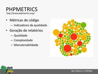 PHPMETRICS
• Métricas de código
– Indicadores de qualidade
• Geração de relatórios
– Qualidade
– Complexidade
– Manutenabilidade
QA TOOLS >> PHPQA
http://www.phpmetrics.org/
 