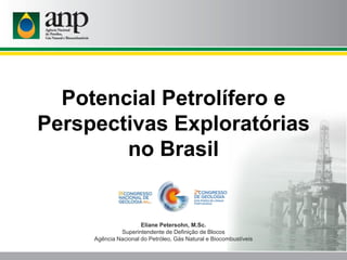 Eliane Petersohn, M.Sc.
Superintendente de Definição de Blocos
Agência Nacional do Petróleo, Gás Natural e Biocombustíveis
Potencial Petrolífero e
Perspectivas Exploratórias
no Brasil
 