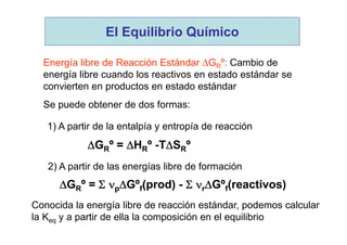 Energía libre de Reacción Estándar GRº: Cambio de
energía libre cuando los reactivos en estado estándar se
convierten en productos en estado estándar
GRº = HRº -TSRº
GRº =  pGºf(prod) -  rGºf(reactivos)
Se puede obtener de dos formas:
1) A partir de la entalpía y entropía de reacción
2) A partir de las energías libre de formación
Conocida la energía libre de reacción estándar, podemos calcular
la Keq y a partir de ella la composición en el equilibrio
El Equilibrio Químico
 