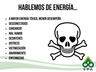 Hablemos de energía…
• A mayor energía tóxica, menor desempeño.
• DESCONECTADOS
• Cansancio
• Mal humor
• Desinterés
• Distress
• Victimización
• Aburrimiento
• Enfermedad
 